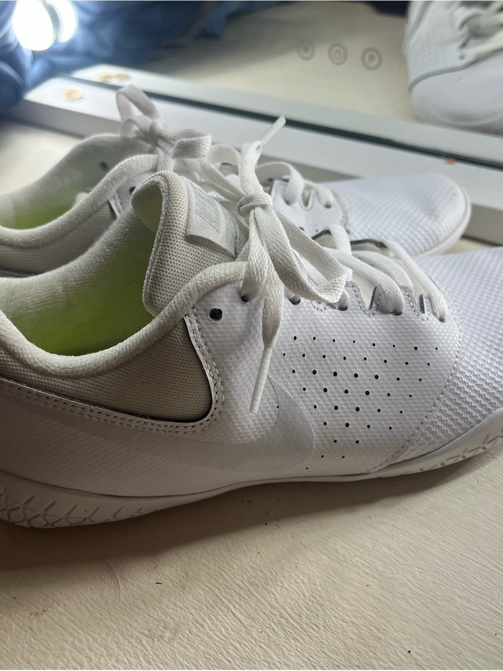 Nike White Cheer Sneakers with Neon Yellow Insole